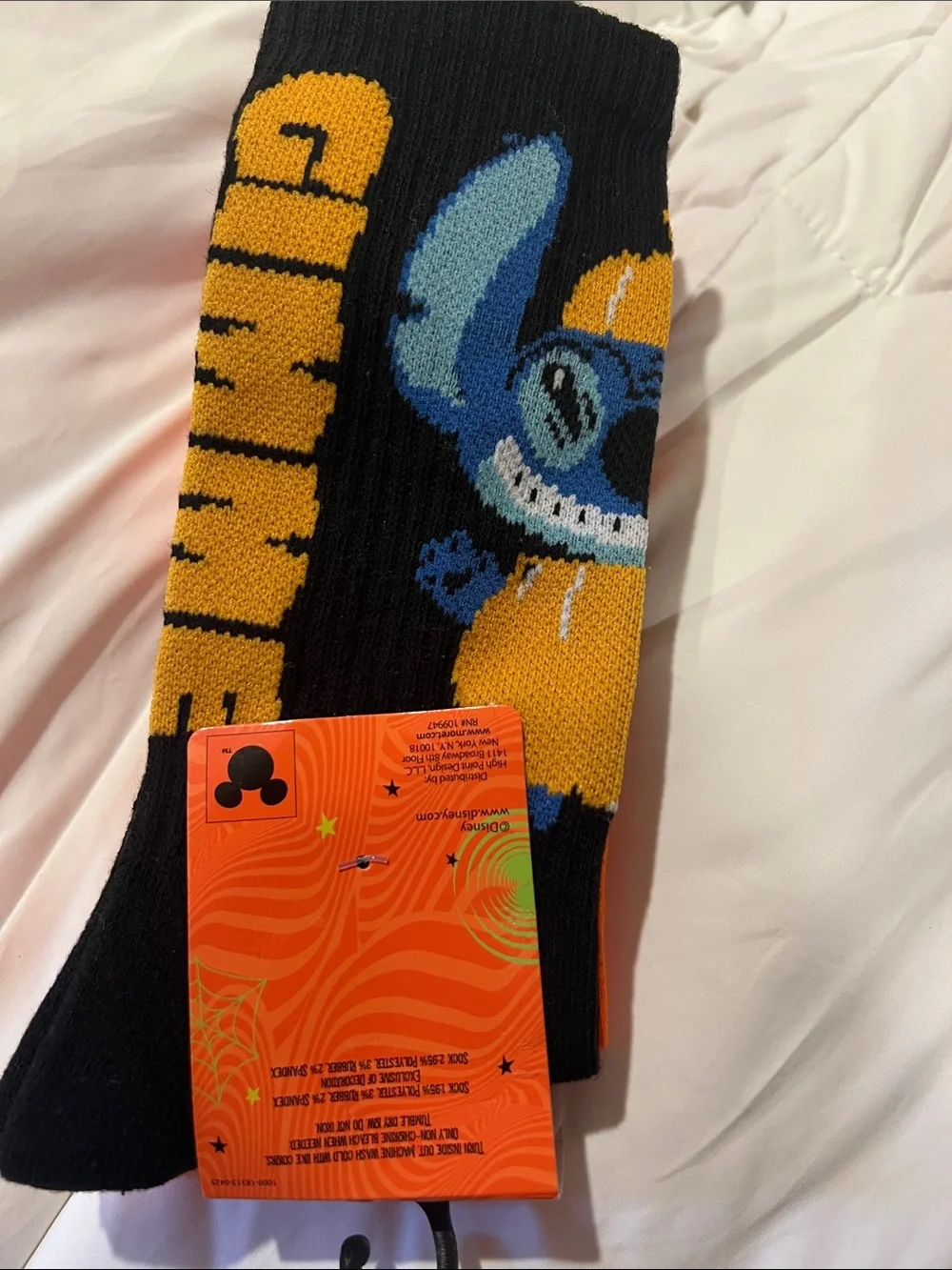 Women’s Disney Orange Halloween Crew Socks with Blue Stitch Plush Accent